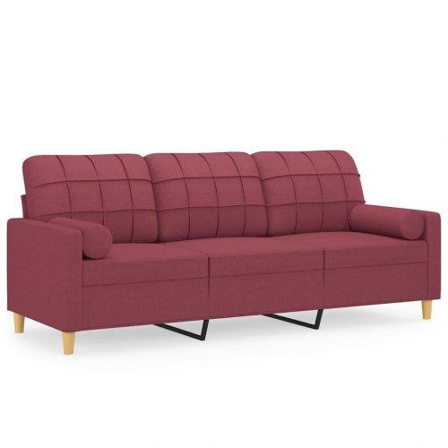 3-personers sofa med pyntepuder i stof - vinrød, 198 cm