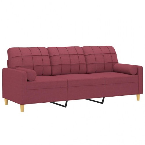 3-personers sofa med pyntepuder i stof - vinrød, 198 cm