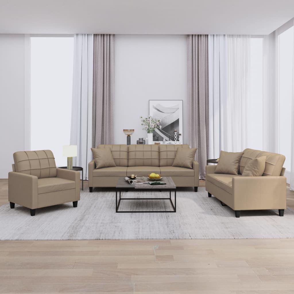 3 Personers Sofa Med Puder Kunstlæder Cappuccinofarvet