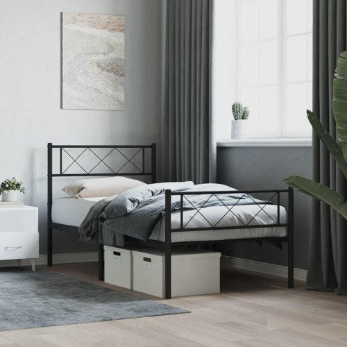 Sengeramme med sengegavl og fodgærde 90x190 cm - metal, sort