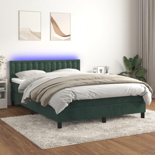 Kontinentalseng med madras og LED-lys 140×190 cm - fløjl, mørkegrøn