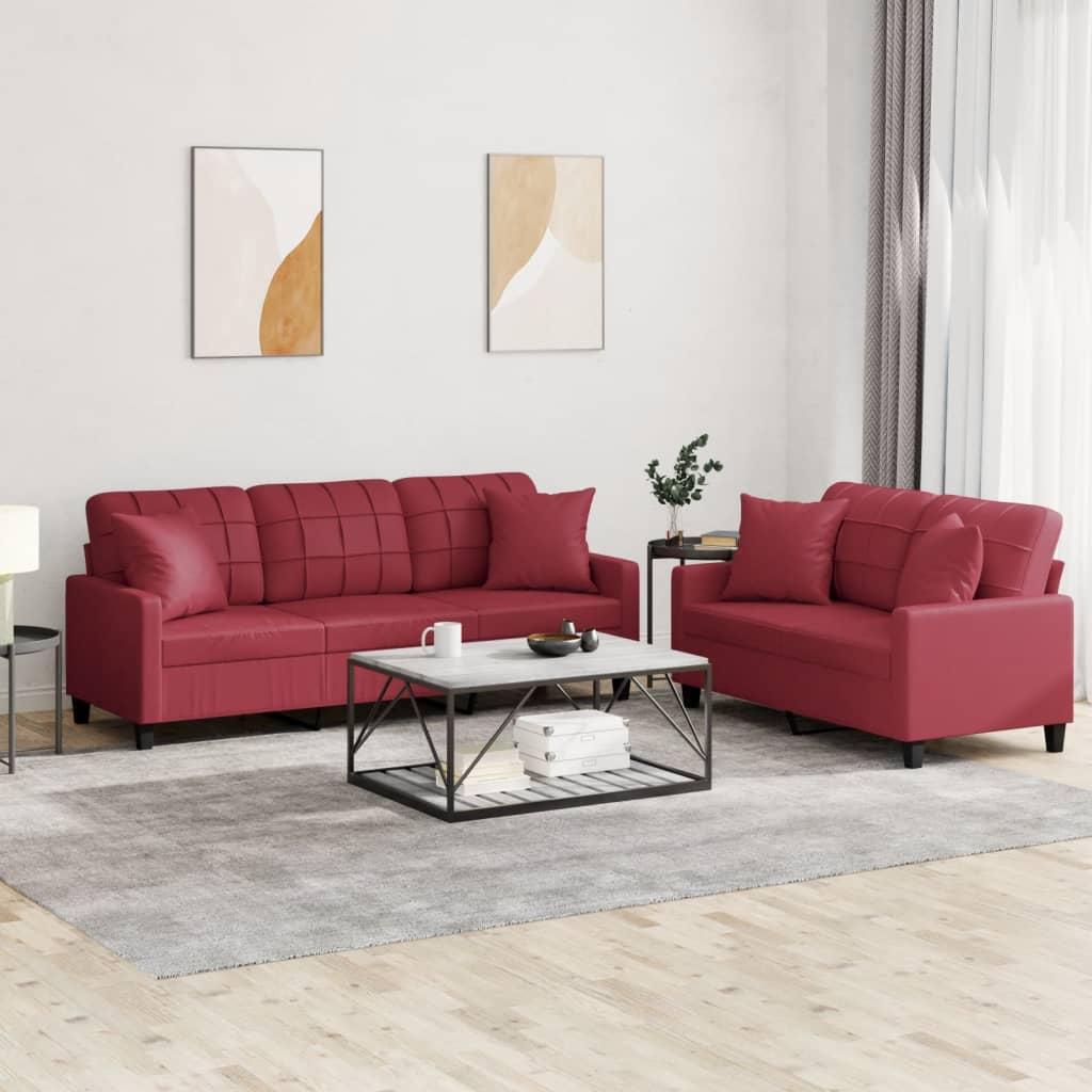 Sofasæt 2 Dele Med Puder Kunstlæder Vinrød