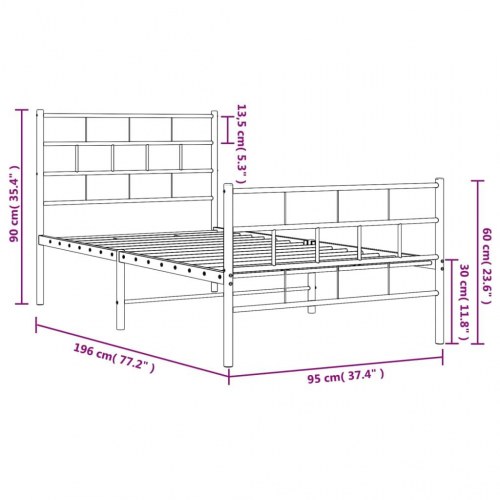 Sengeramme i metal med sengegavl og fodgærde 90 x 190 cm - sort