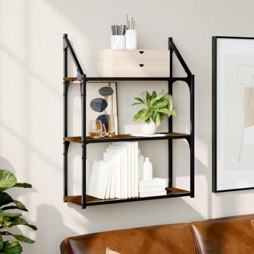 Vægreol med 3 hylder 60x21x78,5 cm konstrueret træ brun eg