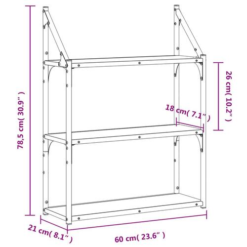 Vægreol med 3 hylder 60x21x78,5 cm konstrueret træ røgfarvet eg