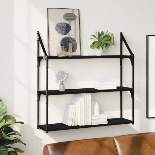 Vægreol med 3 hylder 80x21x78,5 cm konstrueret træ sort