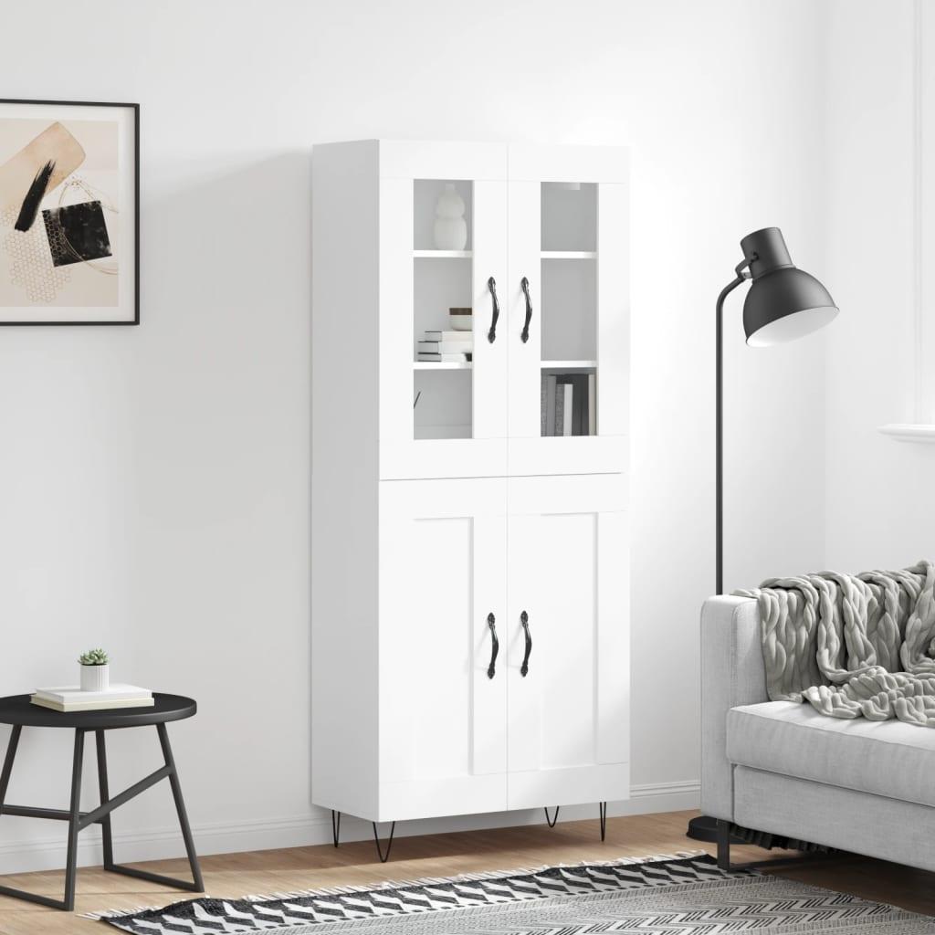 Højskab 69,5×34×180 cm i hvidt konstrueret træ med glas og metalfødder