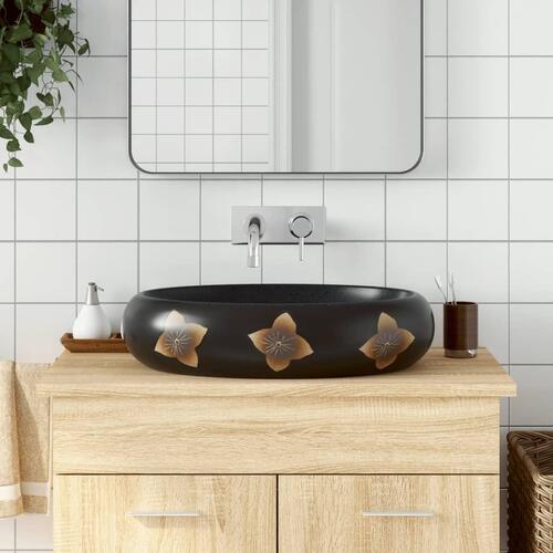 Håndvask til bordplade 59x40x15 cm oval keramik sort og blå