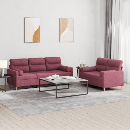 Sofasæt 2 dele i stof med puder - vinrød