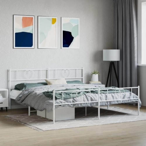 Sengeramme med sengegavl og fodgærde 200x200 cm metal hvid