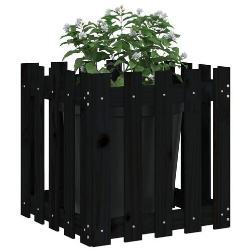 Plantekasse med stakitdesign 50x50x50 cm massivt fyrretræ sort