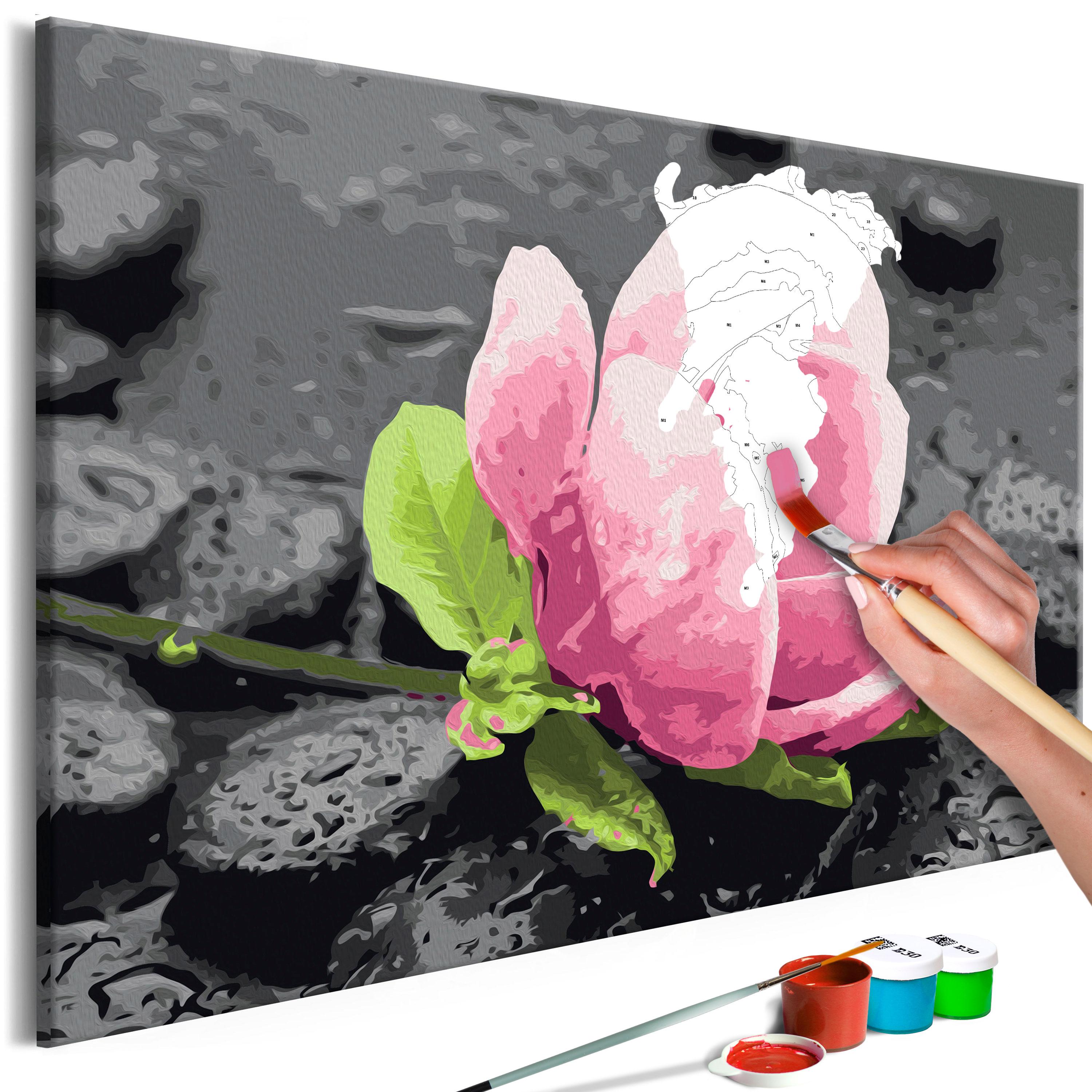 Mal selv billede efter tal med pink blomst og sten 50 x 40 cm