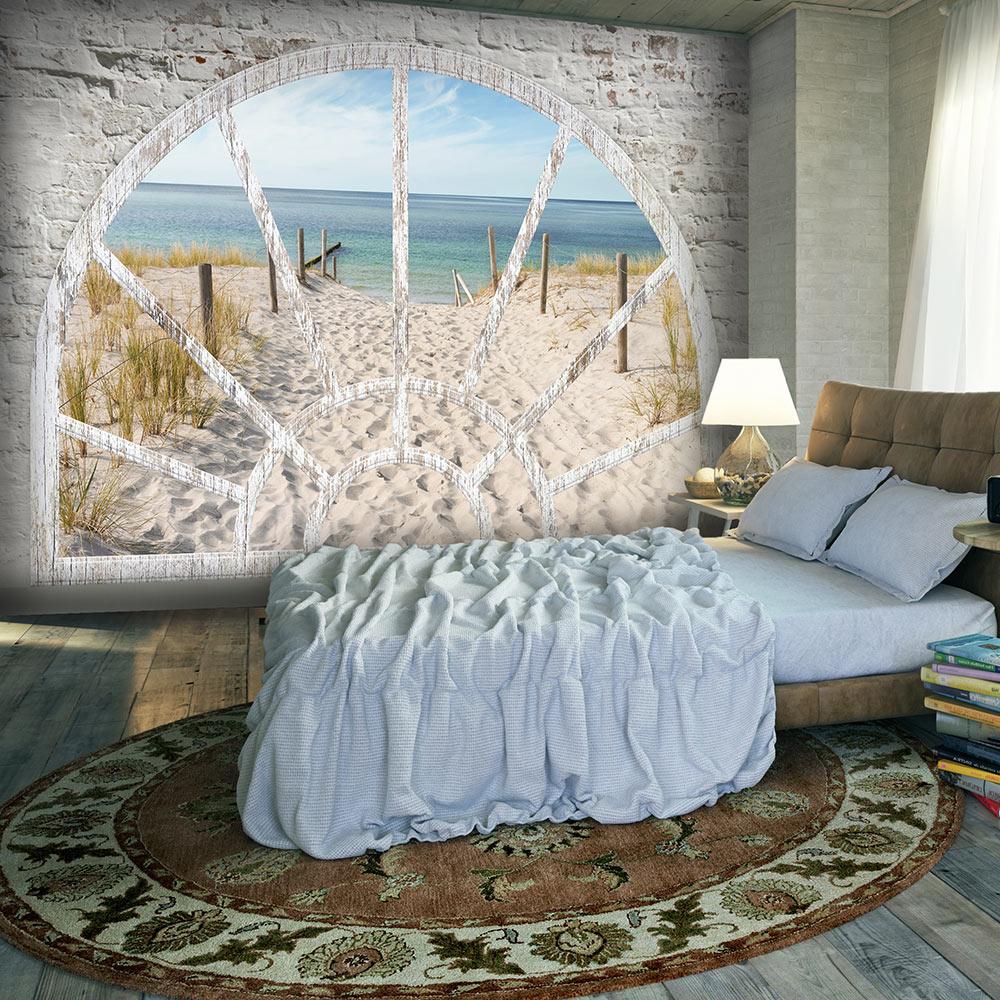 Fototapet - Window View - Beach - 250 x 175 cm - Standard billede