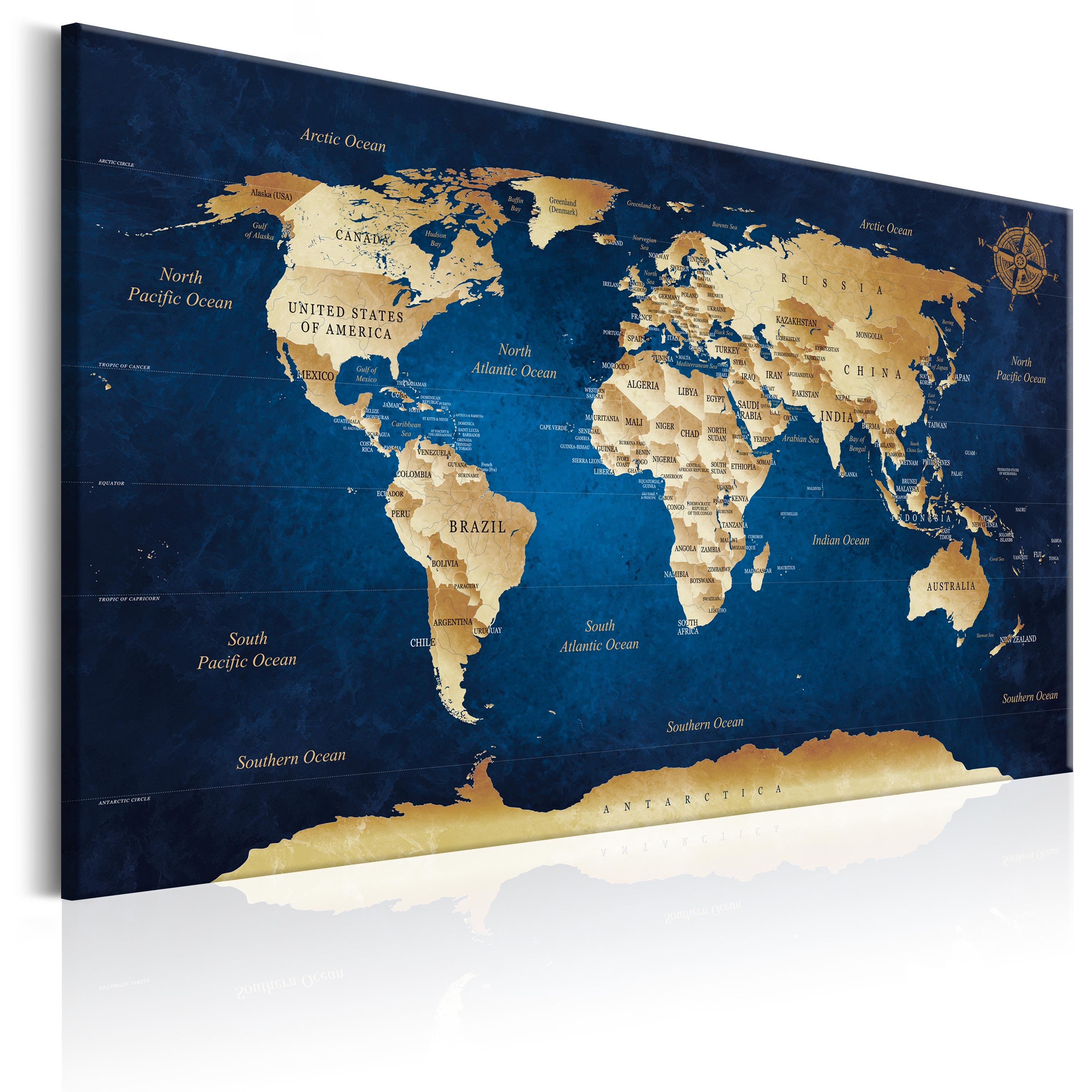 Billede - World Map: The Dark Blue Depths - 120 x 80 cm - På italiensk lærred billede