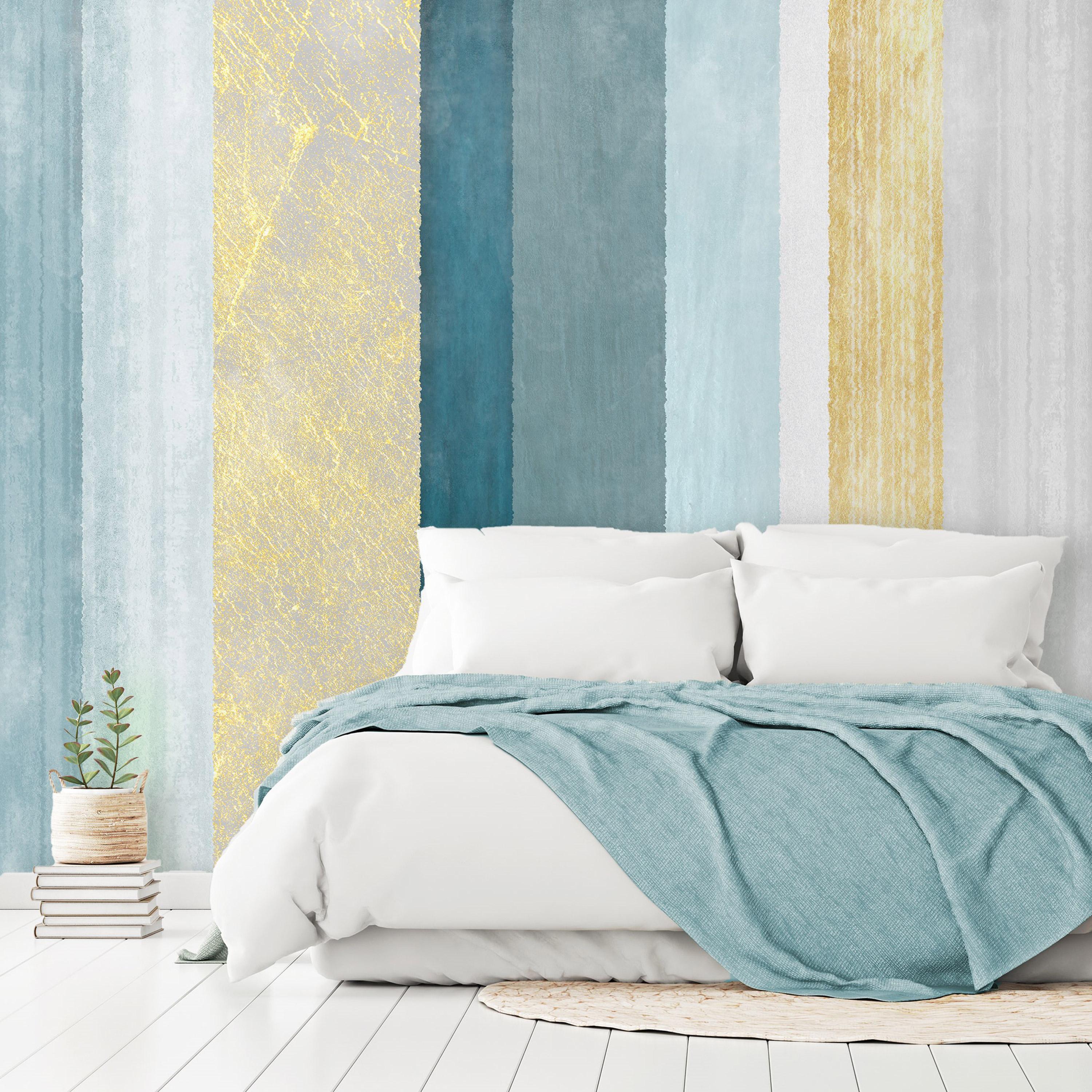 Fototapet med abstrakte striber i blå nuancer og guld - 196 x 140 cm - Selvklæbende billede
