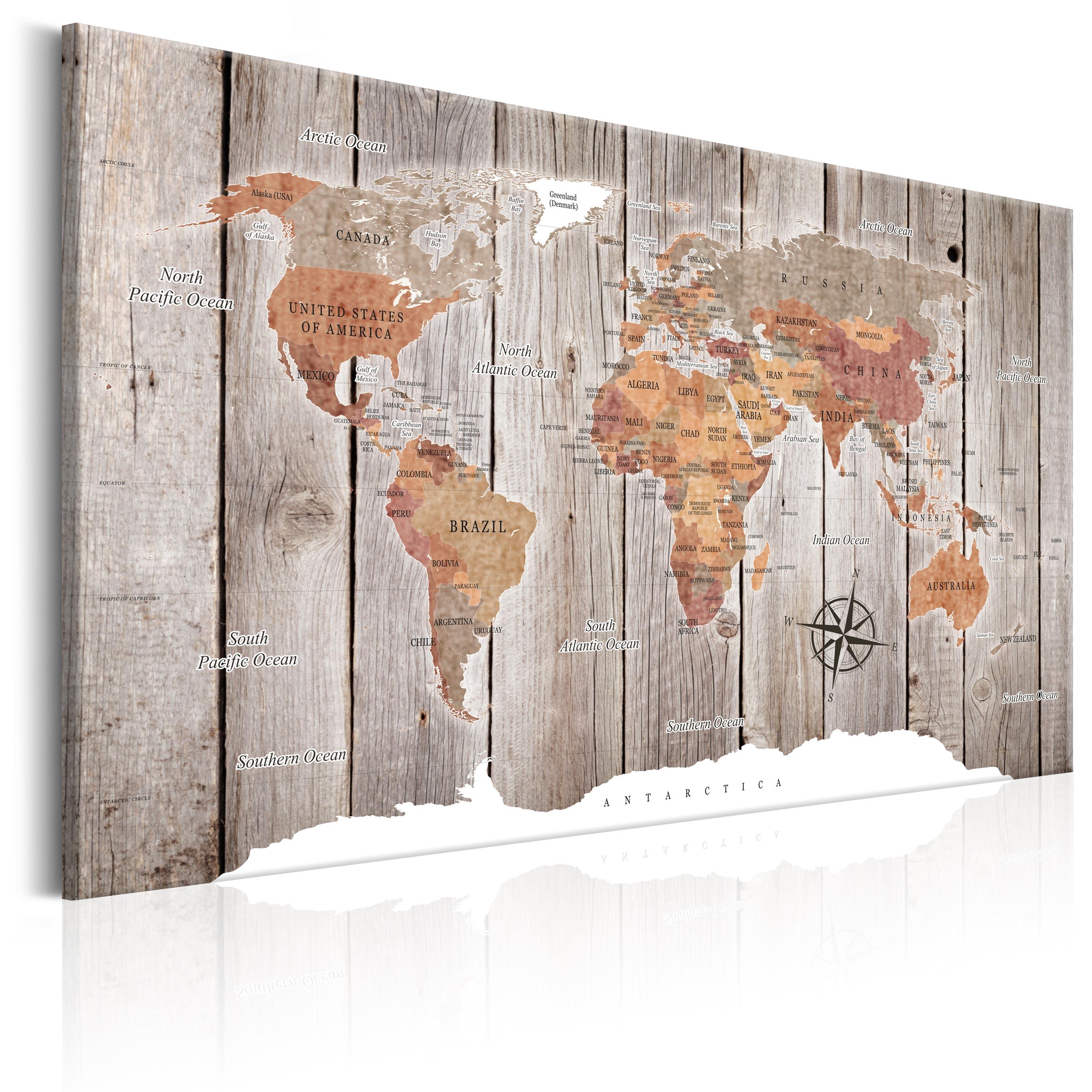 Billede - World Map: Wooden Stories - 60 x 40 cm - På italiensk lærred billede