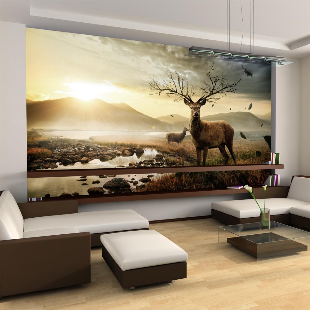 Fototapet - Hjortene ved bjergbæk - 441 x 270 cm - Selvklæbende billede