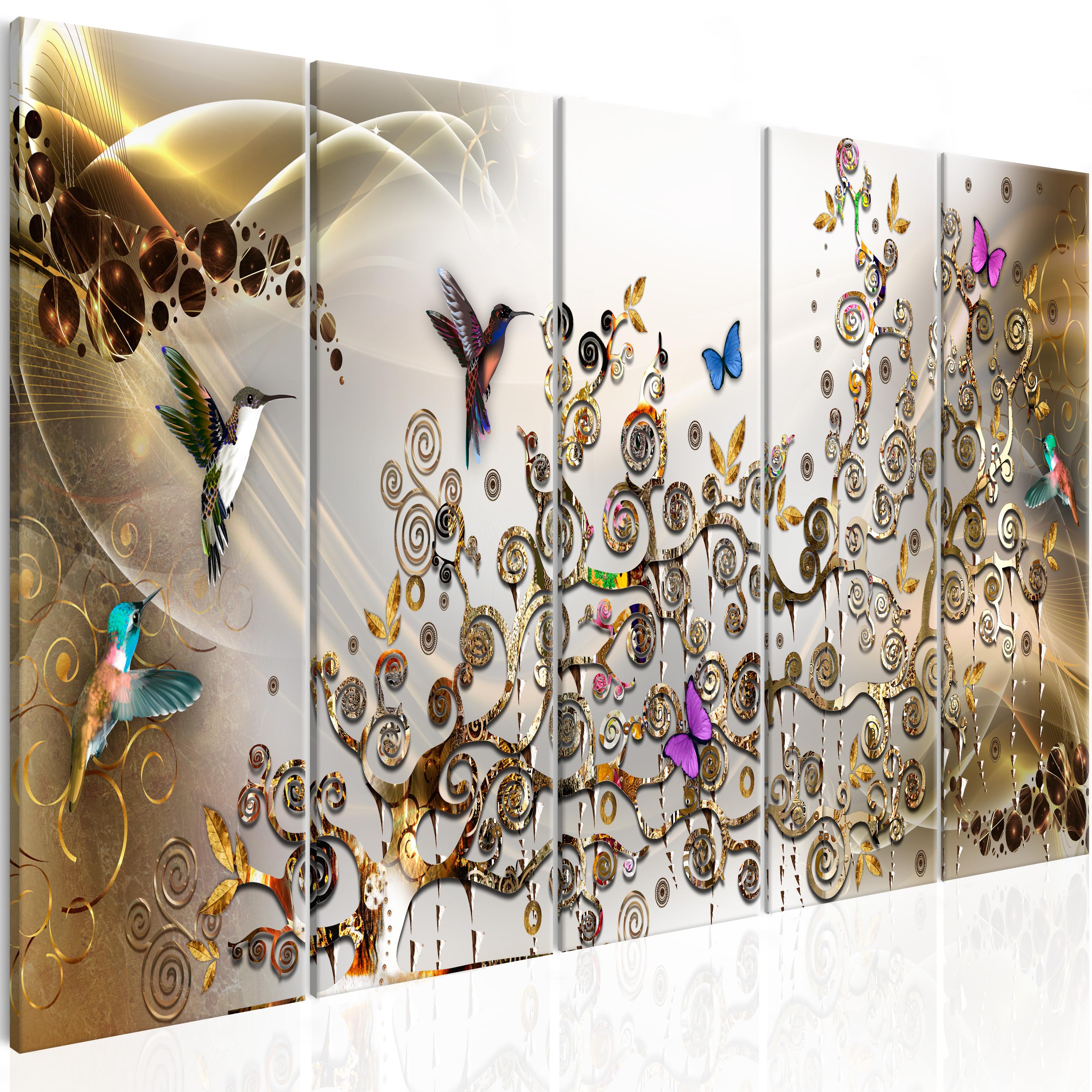 Billede - Hummingbirds Dance (5 dele) Gold Narrow - 200 x 80 cm - Premium Print billede