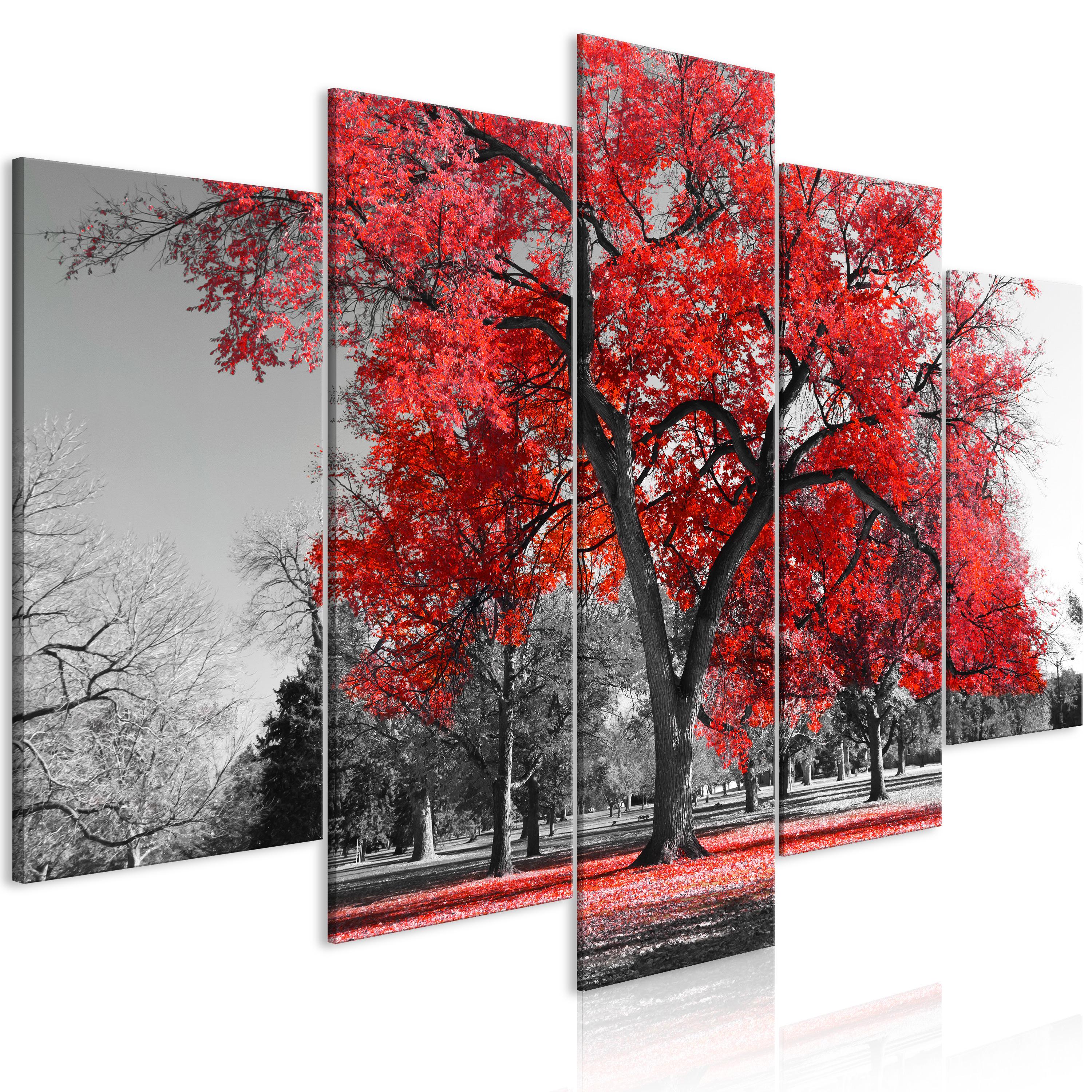 Billede - Autumn in the Park (5 dele) Wide Red - 225 x 112.5 cm - Premium Print billede