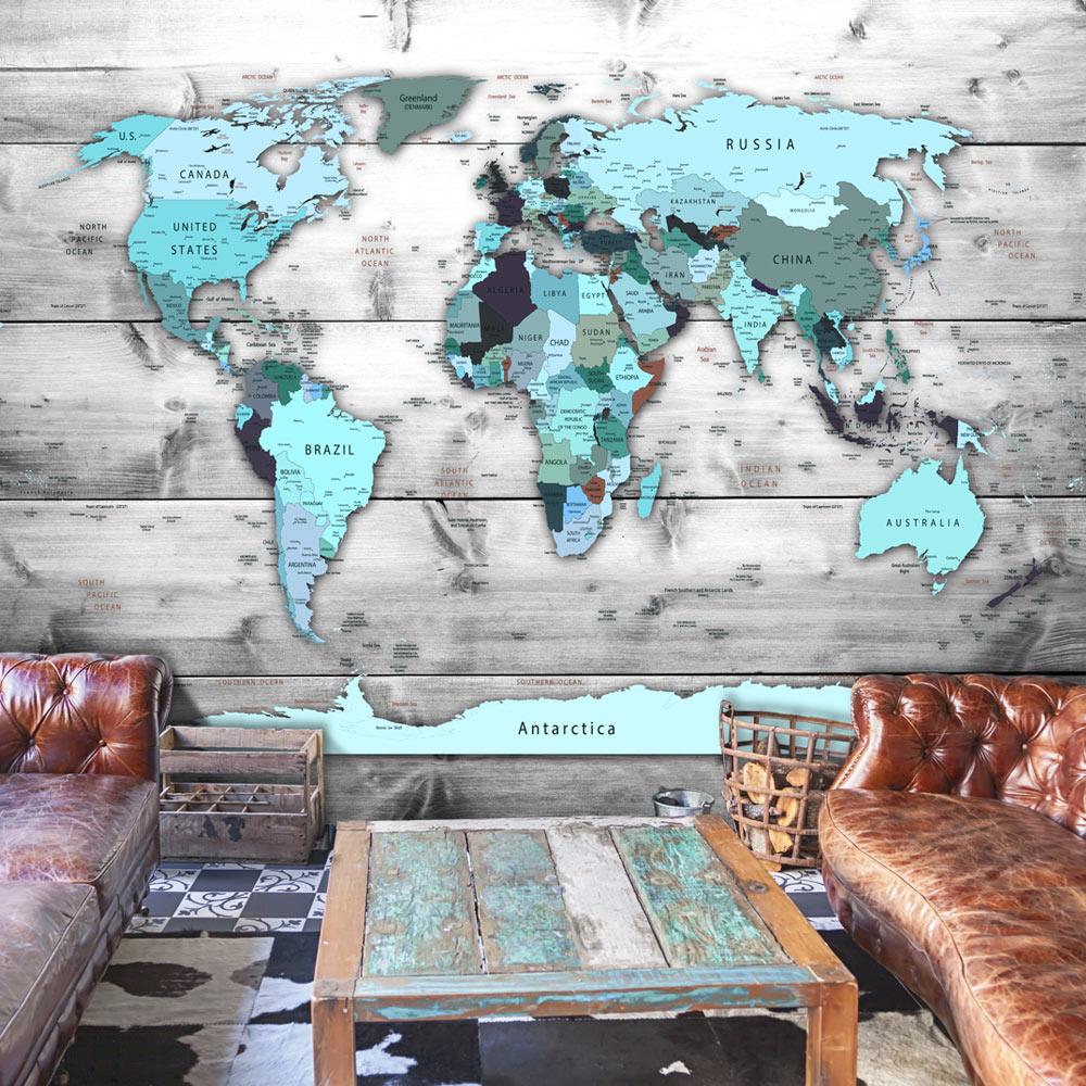Fototapet - World Map: Blue Continents - 250 x 175 cm - Standard billede