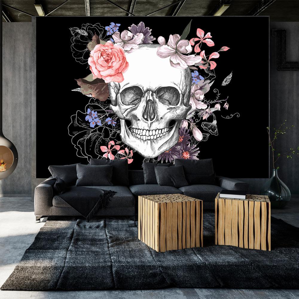 Fototapet - Skull and Flowers - 100 x 70 cm - Premium billede