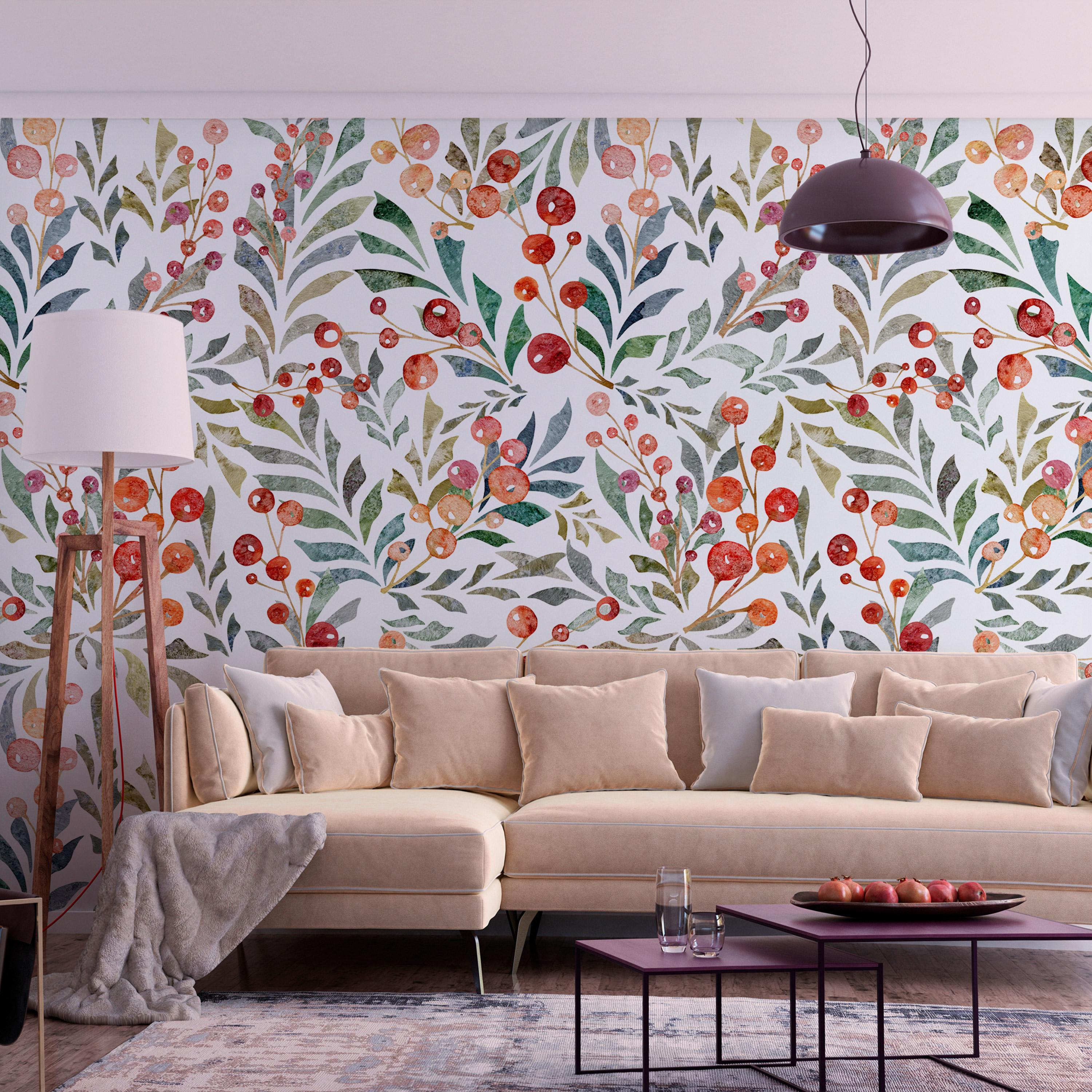 Fototapet - Leaves of Red Berries - 196 x 140 cm - Selvklæbende billede