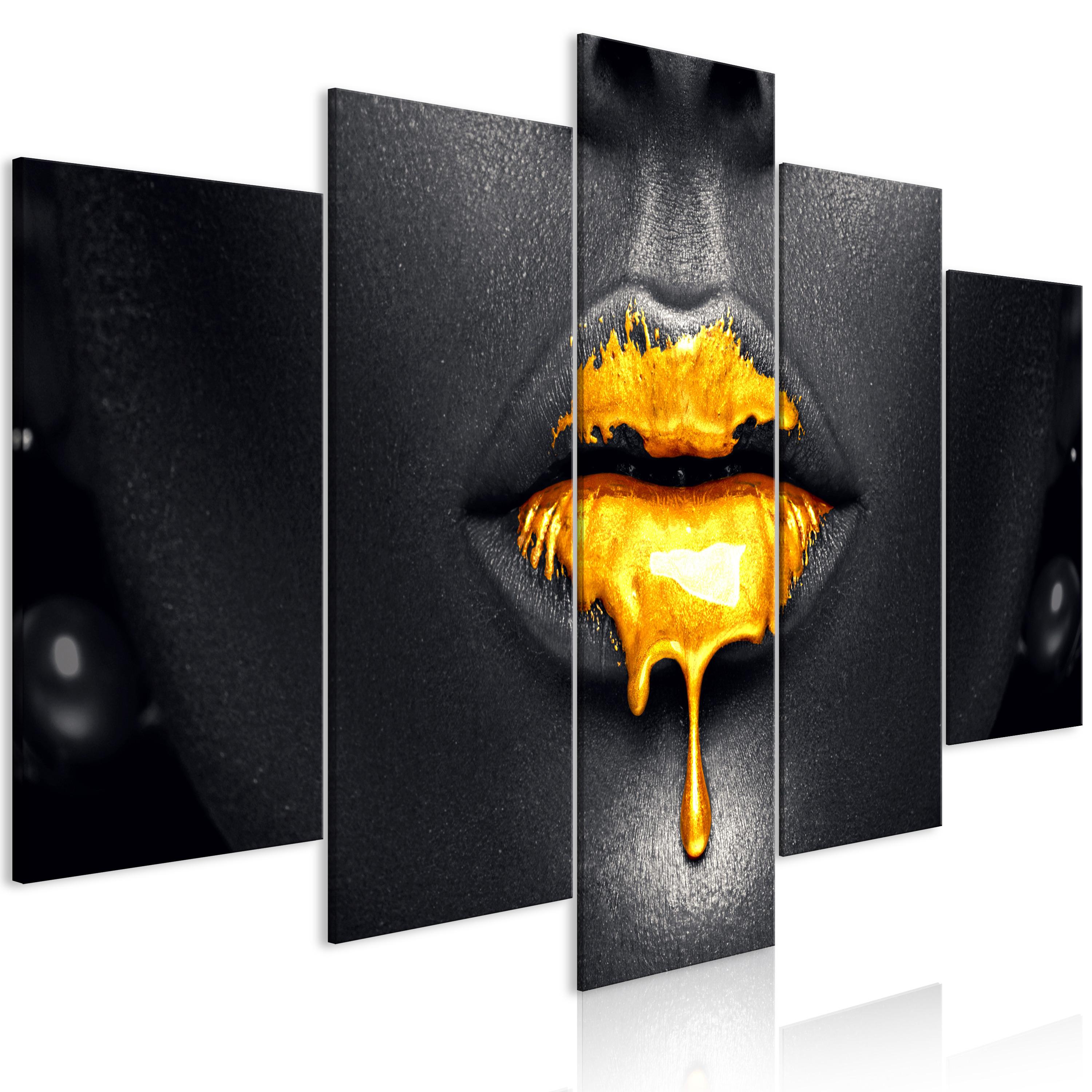 Billede - Gold Lips (5 dele) Wide - 225 x 112.5 cm - Premium Print billede