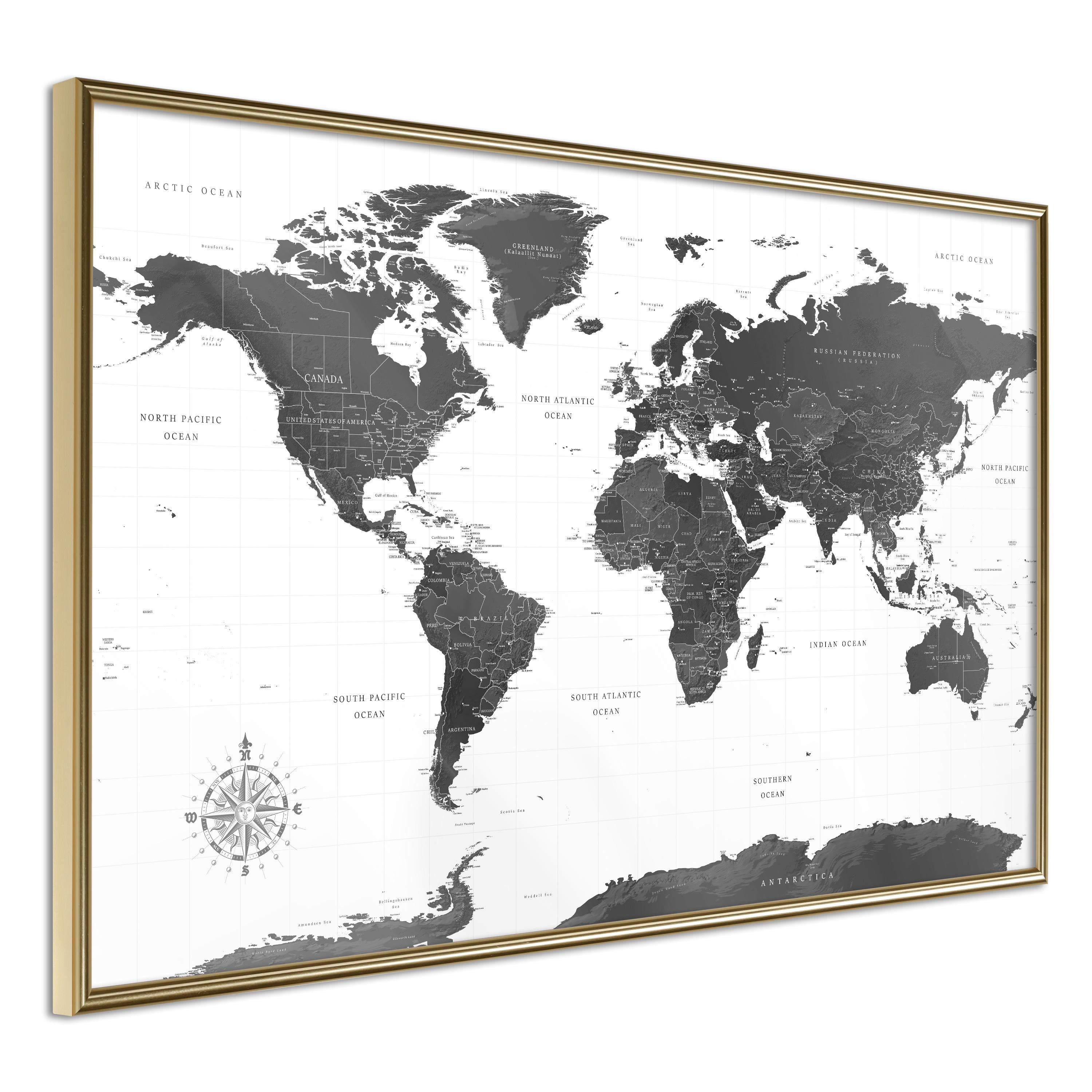 Plakat - Monochrome Map - 30 x 20 cm - Guldramme billede