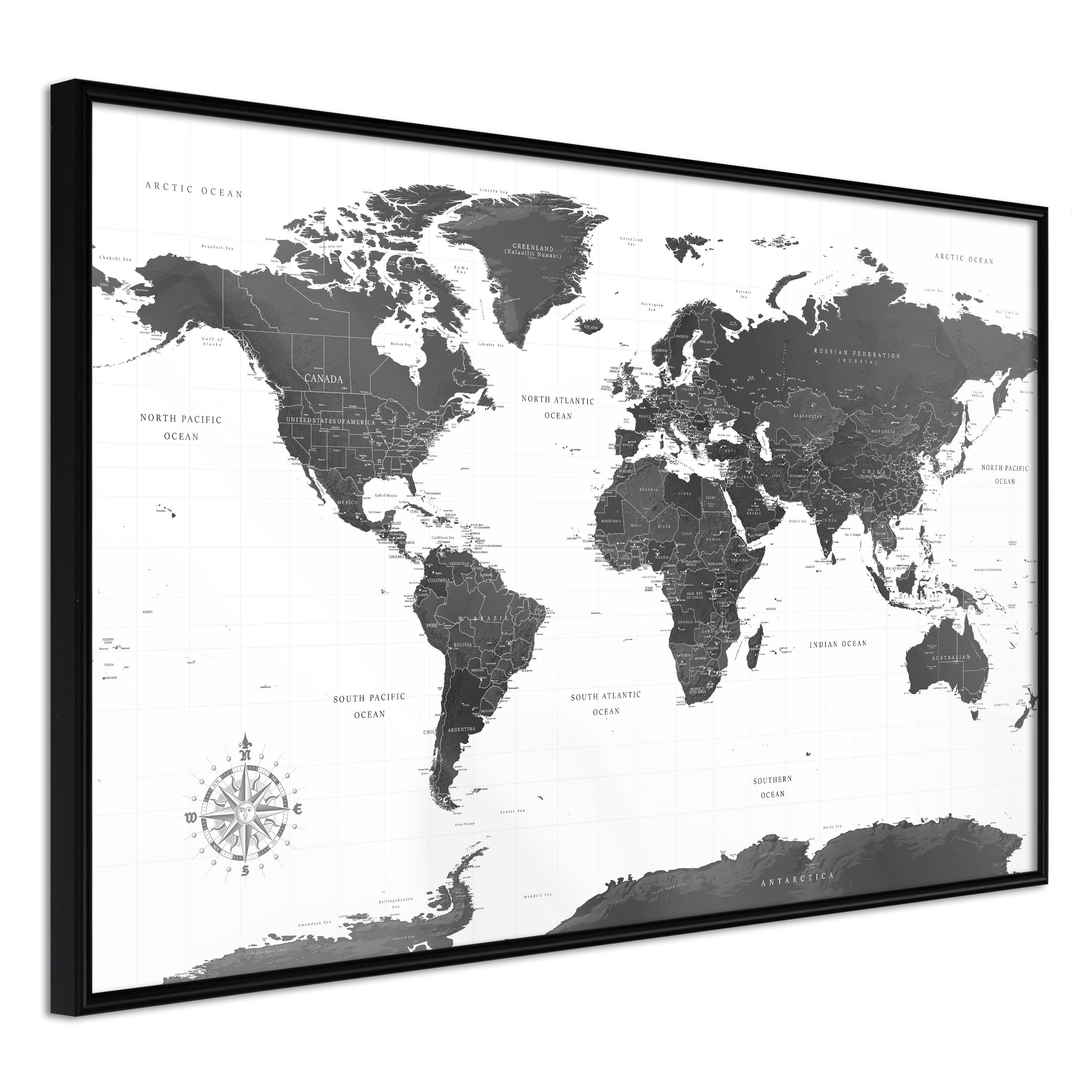 Plakat - Monochrome Map - 60 x 40 cm - Sort ramme billede
