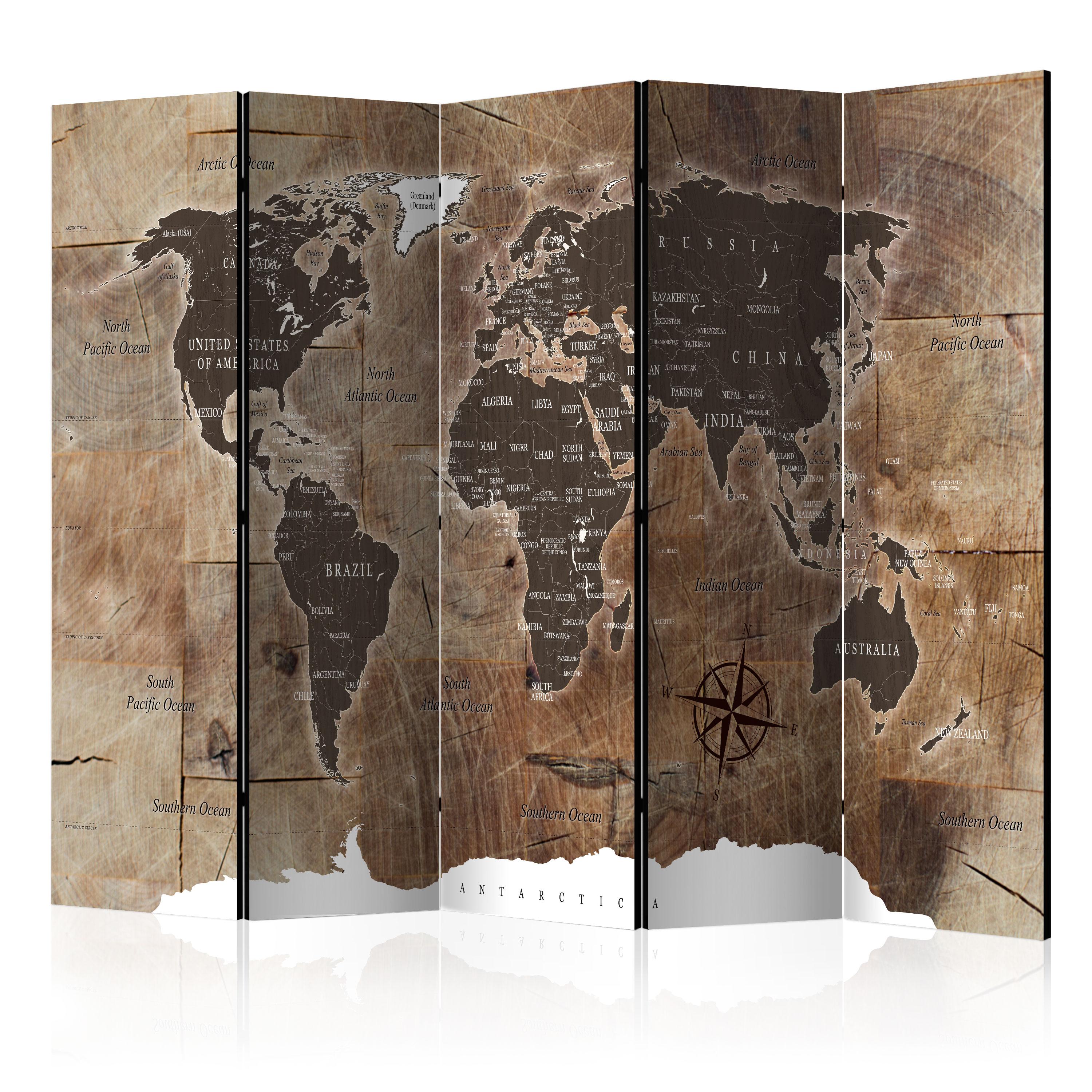 Skærmvæg Room Divider Map On The Wood 225 X 172 Cm Dobbeltsidet