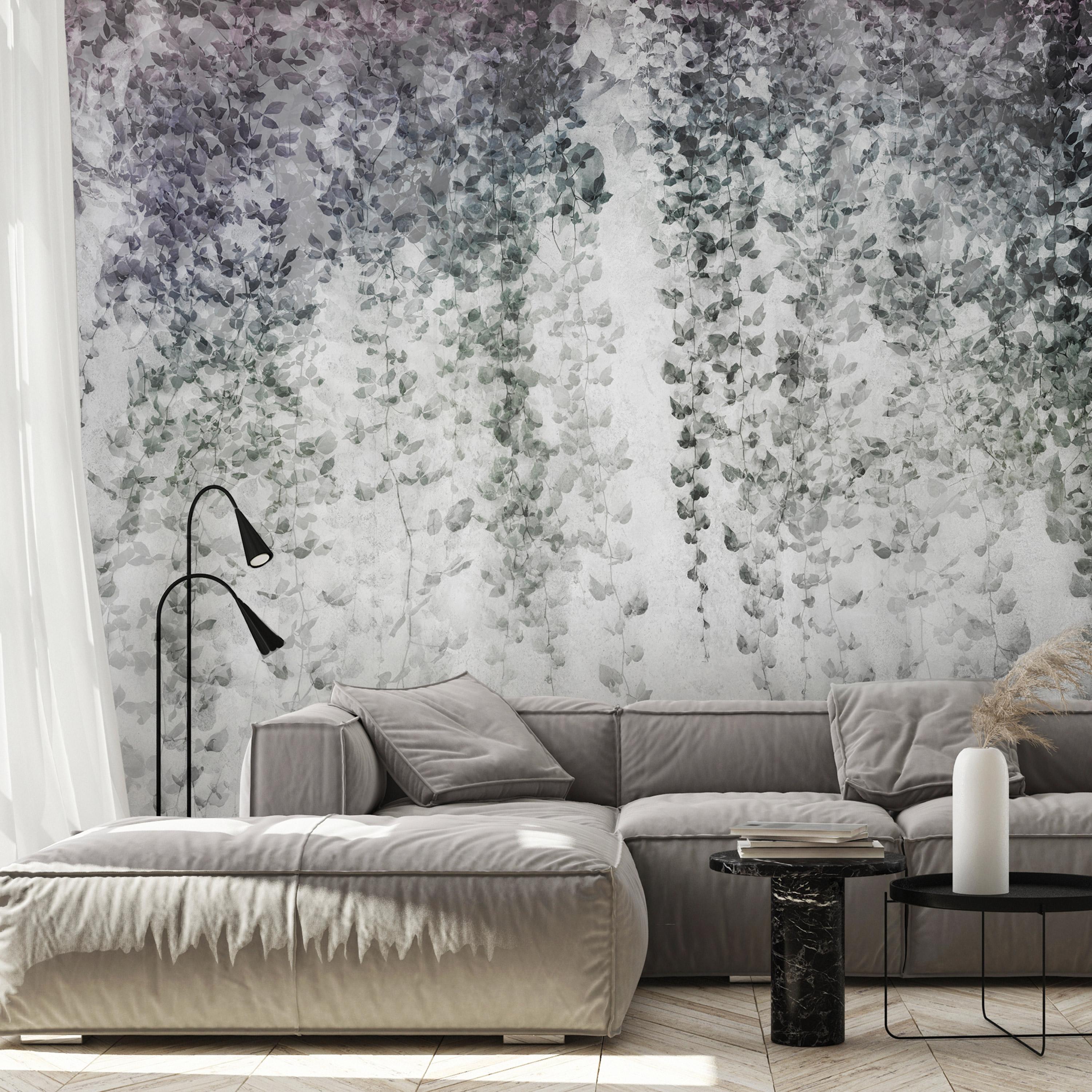 Fototapet Peaceful Oasis med hængende bladranker på grå baggrund - 196 x 140 cm - Selvklæbende billede