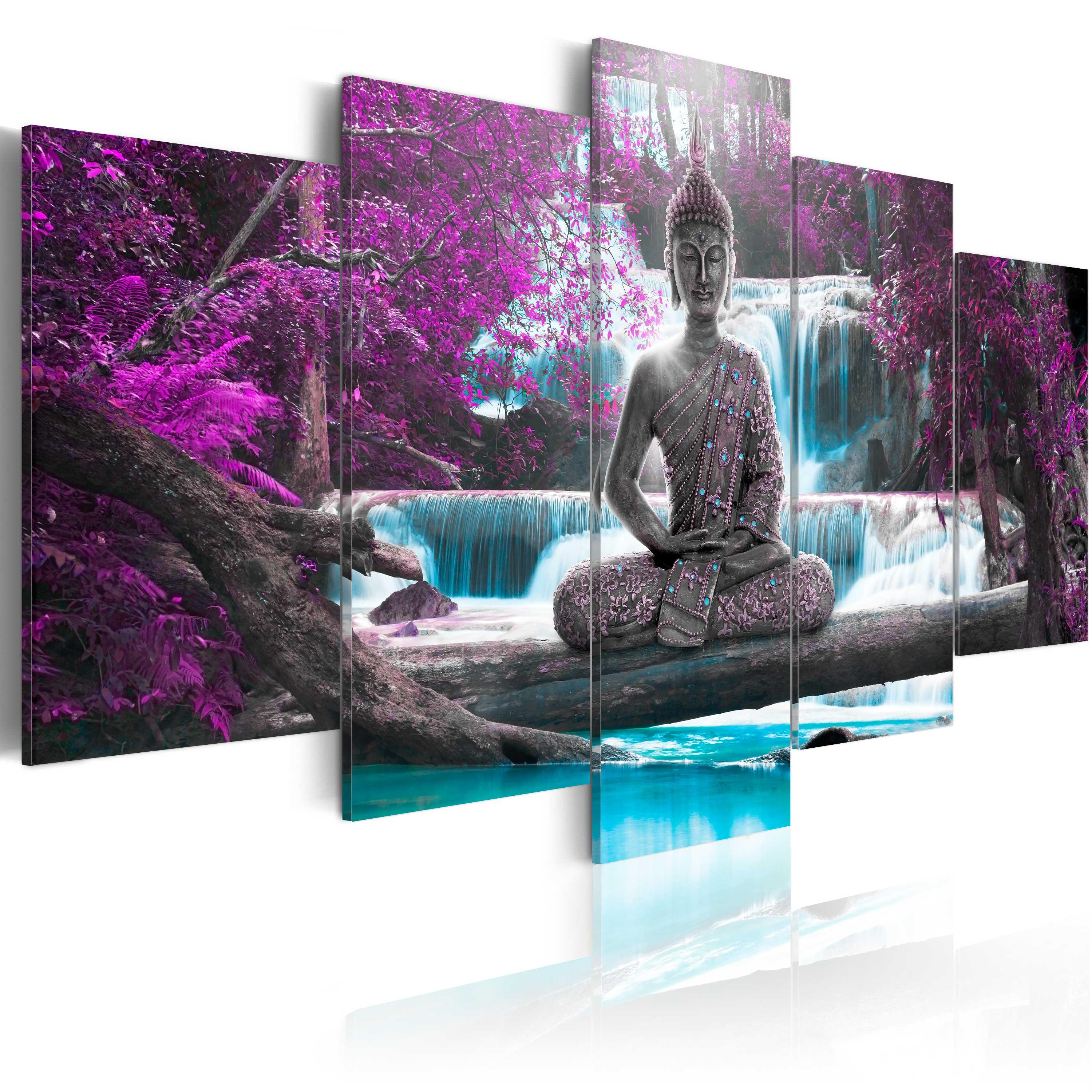 Billede - Waterfall and Buddha - 200 x 100 cm - Premium Print billede