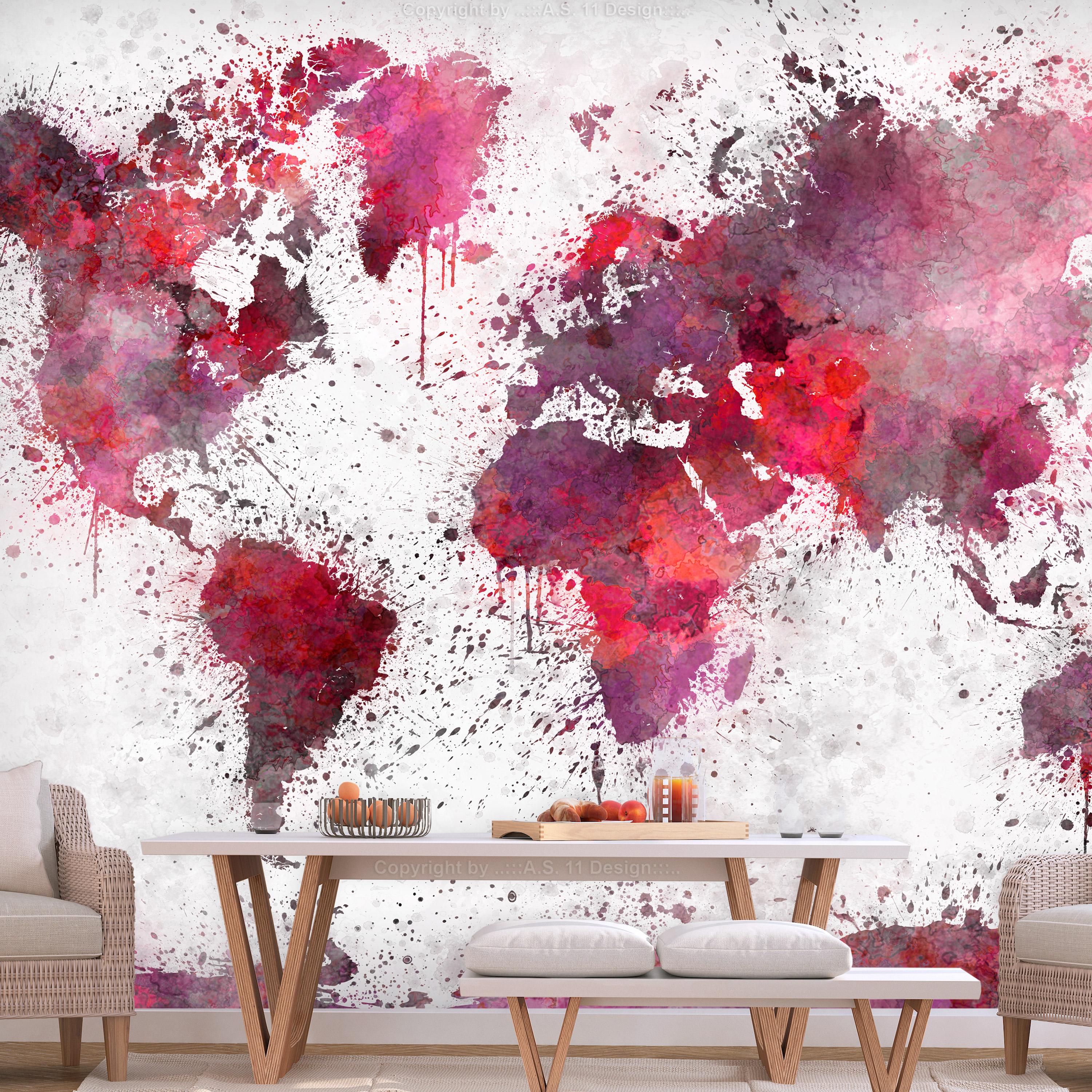 Fototapet - World Map: Red Watercolors - 441 x 315 cm - Selvklæbende billede