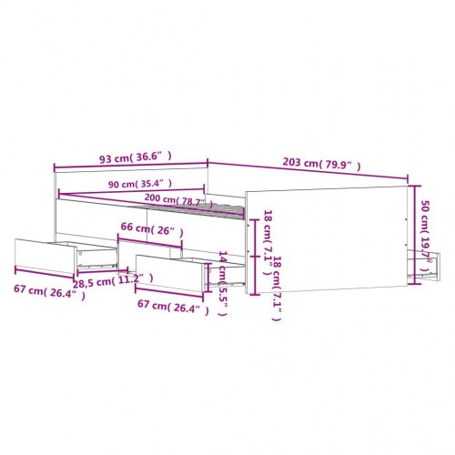 Sengeramme med opbevaring, sengegavl og fodgærde 90 x 200 cm - brunt egetræ