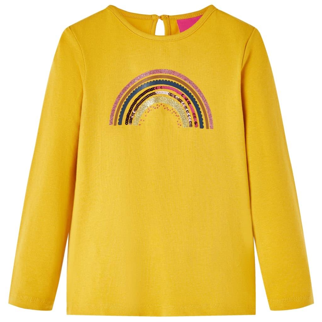 Langærmet T-shirt til børn str. 116 - okkergul med regnbue