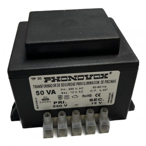 PHONOVOX sikkerhedstransformer til poolbelysning, 50 VA, 12 V / 230 V, 50-60 Hz, 9,8 × 7,9 × 6,4 cm