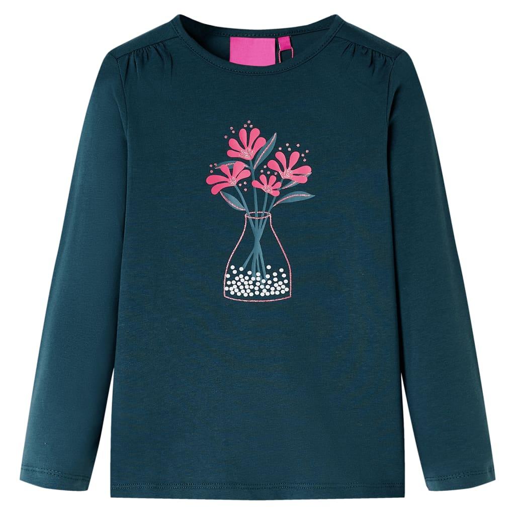 Langærmet T-shirt til børn - mørkegrøn, blomstetryk, str. 116