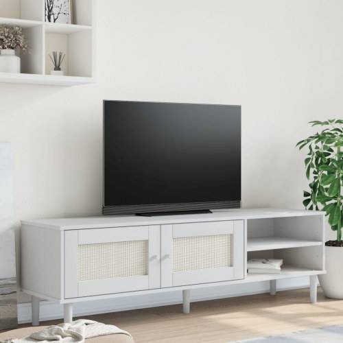 Tv-bord SENJA 158x40x49 cm rattan-look massivt fyrretræ hvid