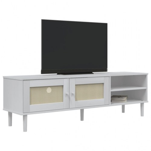 Tv-bord SENJA 158x40x49 cm rattan-look massivt fyrretræ hvid
