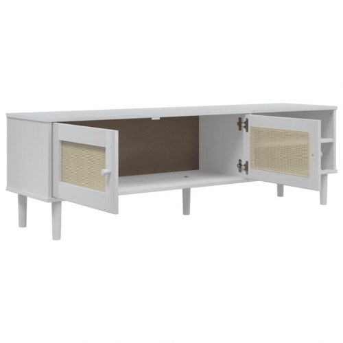 Tv-bord SENJA 158x40x49 cm rattan-look massivt fyrretræ hvid