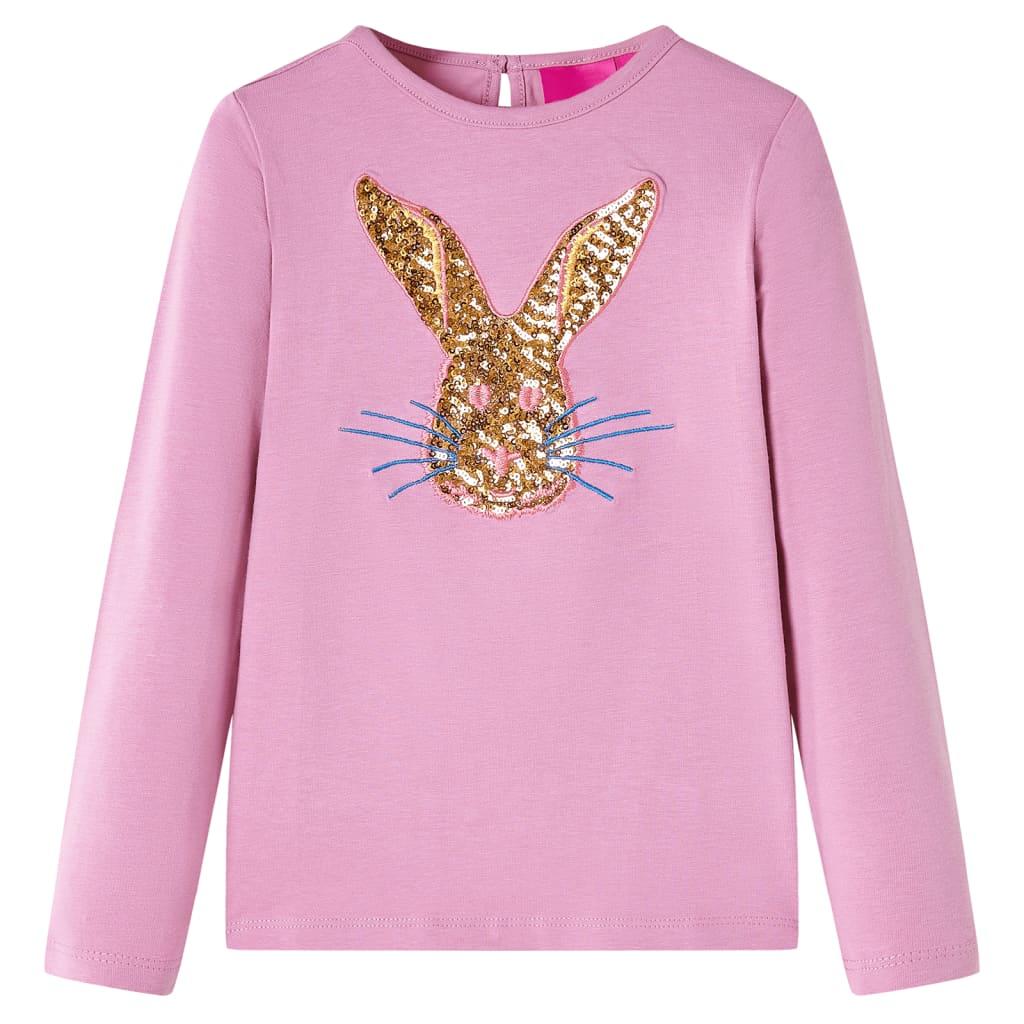 Langærmet T-shirt til børn - str. 116, lyserød med kaninmotiv