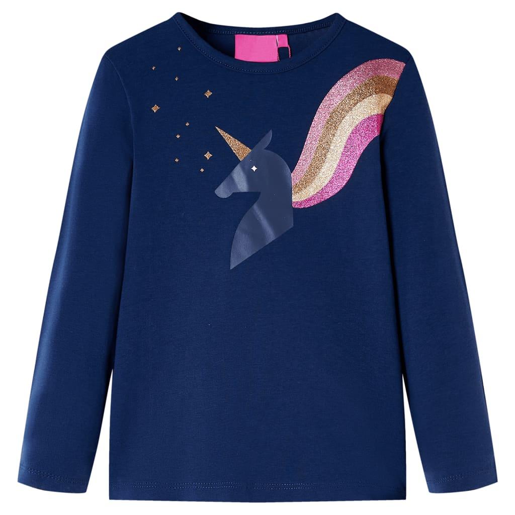 Langærmet T-shirt til børn - str. 128, marineblå, enhjørning