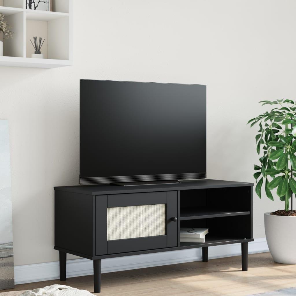 Tv Bord Senja 106x40x49 Cm Rattan Look Massivt Fyrretræ Sort