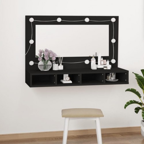Spejlskab med LED-lys - 90 × 31,5 × 62 cm, sort