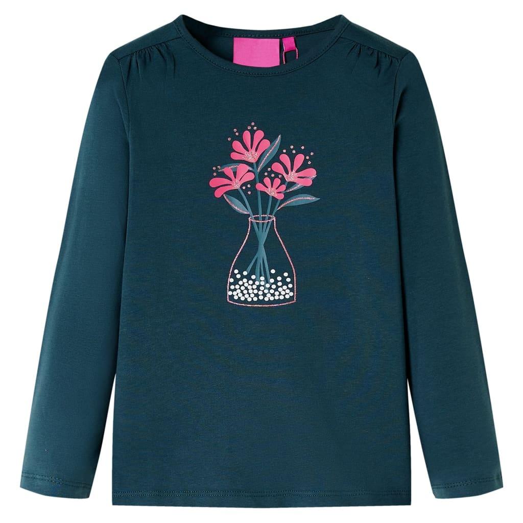 Langærmet T-shirt til børn str. 104 - mørkegrøn med blomsterprint
