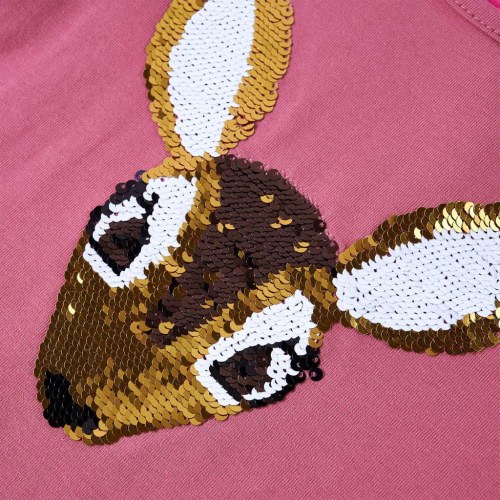 Langærmet T-shirt til børn - str. 128, pink med paillet-hjort