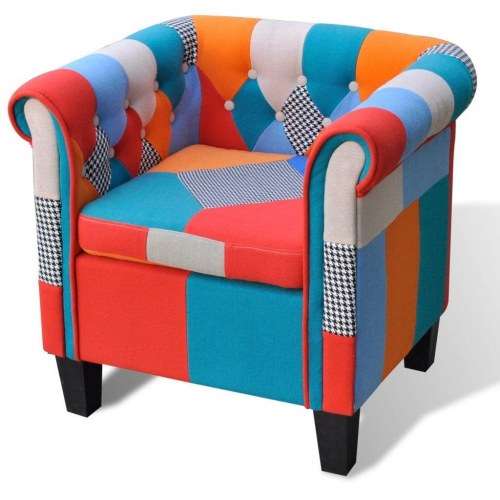 Lænestol med patchworkdesign i stof - farverig lounge stol