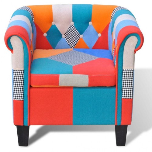 Lænestol med patchworkdesign i stof - farverig lounge stol