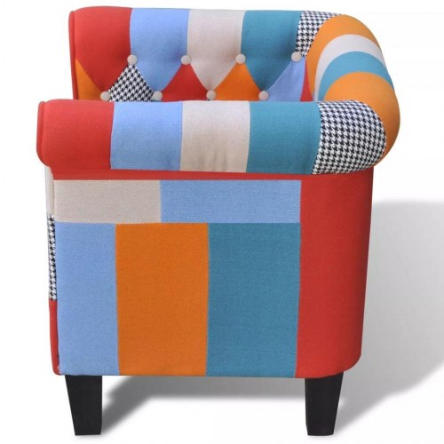 Lænestol med patchworkdesign i stof - farverig lounge stol
