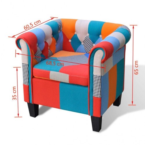 Lænestol med patchworkdesign i stof - farverig lounge stol
